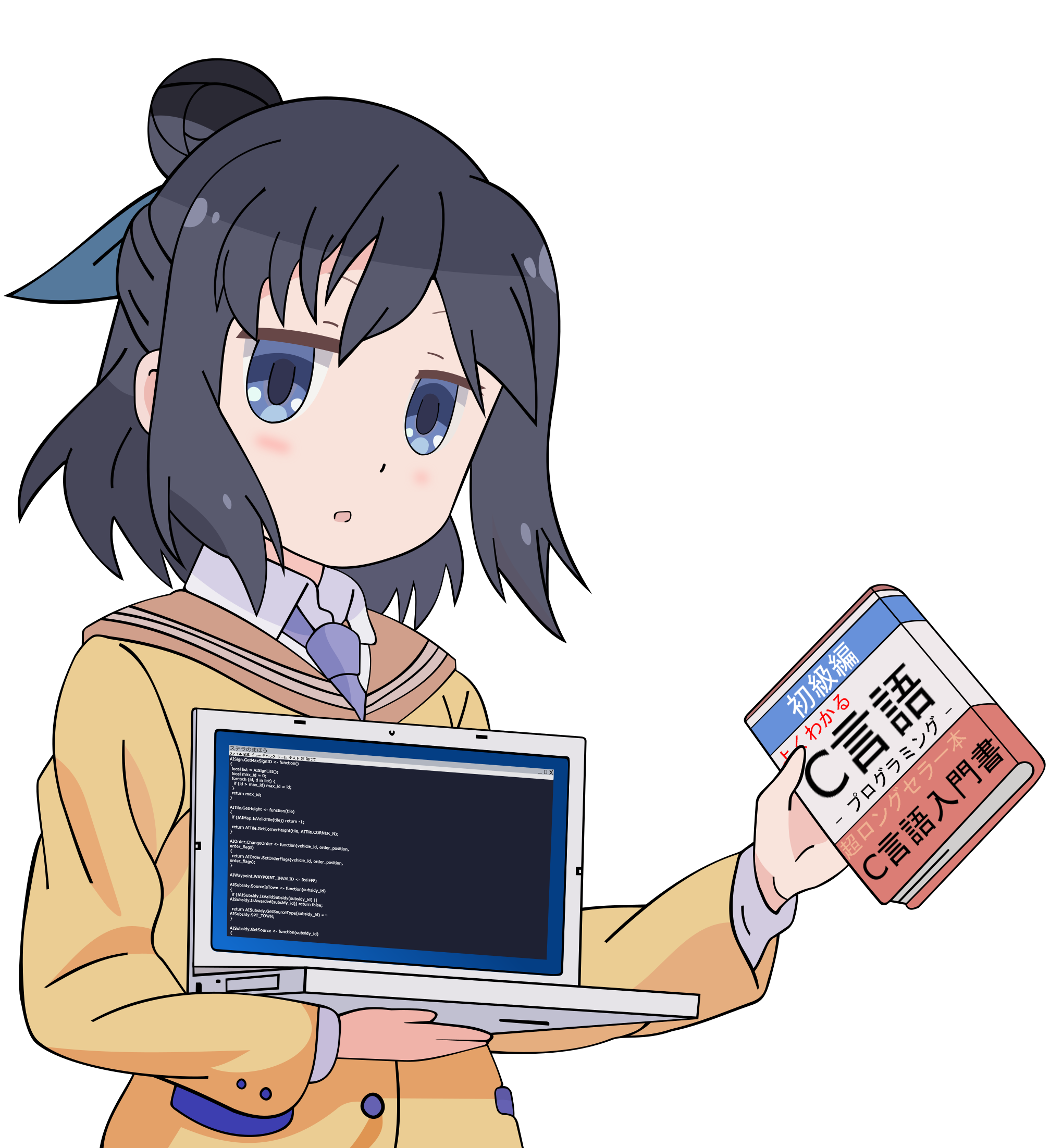 A cute anime girl with a computer and a programming book