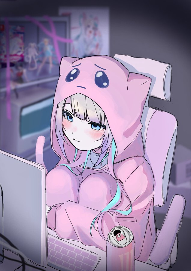 My image. A girl with a pink Kigurumi with a soda in front on her computer